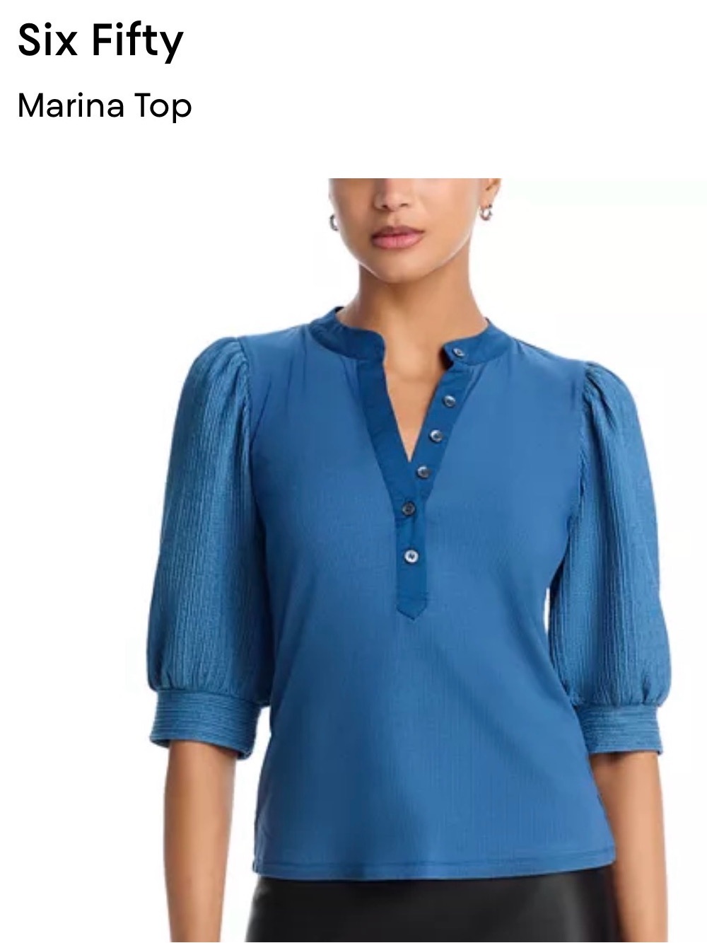 Slate Blue Puff-Sleeve Henley Top - Picture 6 of 6